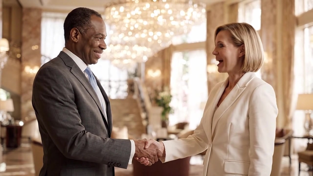 A cordial handshake marks a moment of agreement and collaboration between two professionals in a luxurious hotel setting, showcasing positivity and connection.