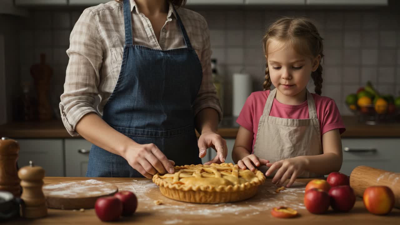A Heartwarming Moment of Baking Together: A Mother and Daughter Create a Delicious Apple Pie in Their Cozy Kitchen, Sharing Joy and Memories through Culinary Art