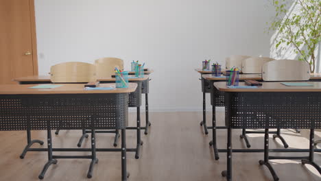 the interior of a school office prepared for a lesson in a pandemic.