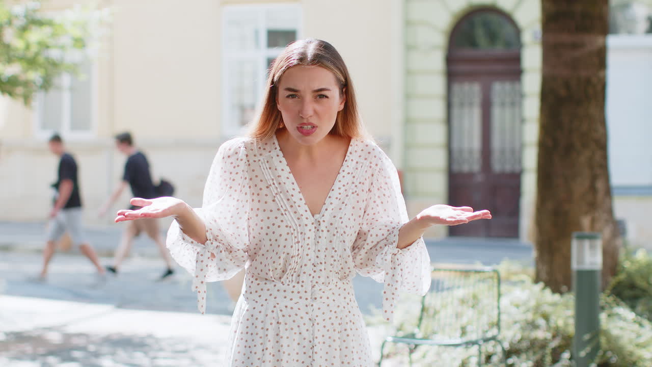 Confused young woman feeling embarrassed about ambiguous question having doubts no idea clueless