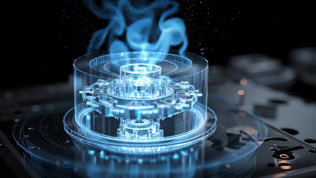 3D holographic gears rotating above a digital interface in a modern setting