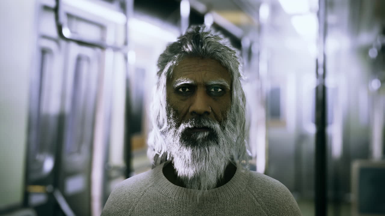 Portrait of an Old Man with Gray Hair on a Subway Train