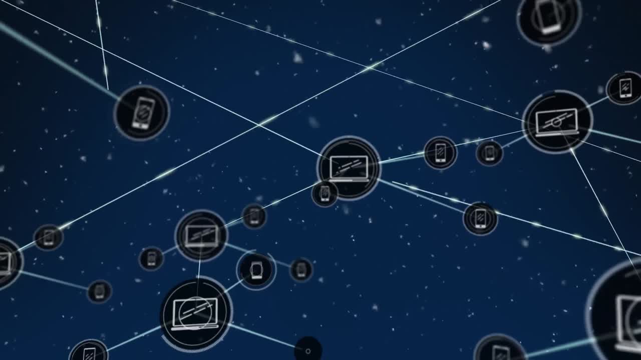 animación de partículas blancas que caen sobre una red de iconos digitales contra un fondo azul