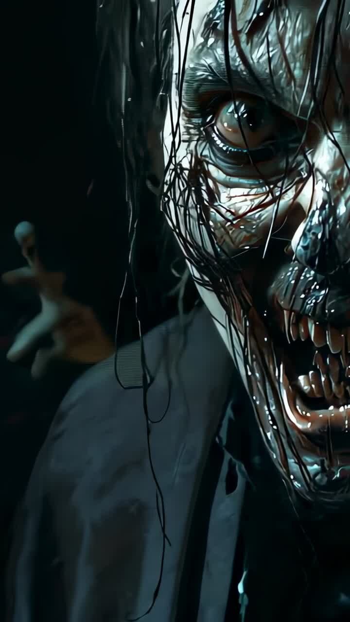 Video verticale: ghoul ringhioso che si sporge verso la telecamera dopo uno stacco in una stanza buia, che mostra i denti e un cappotto scuro
