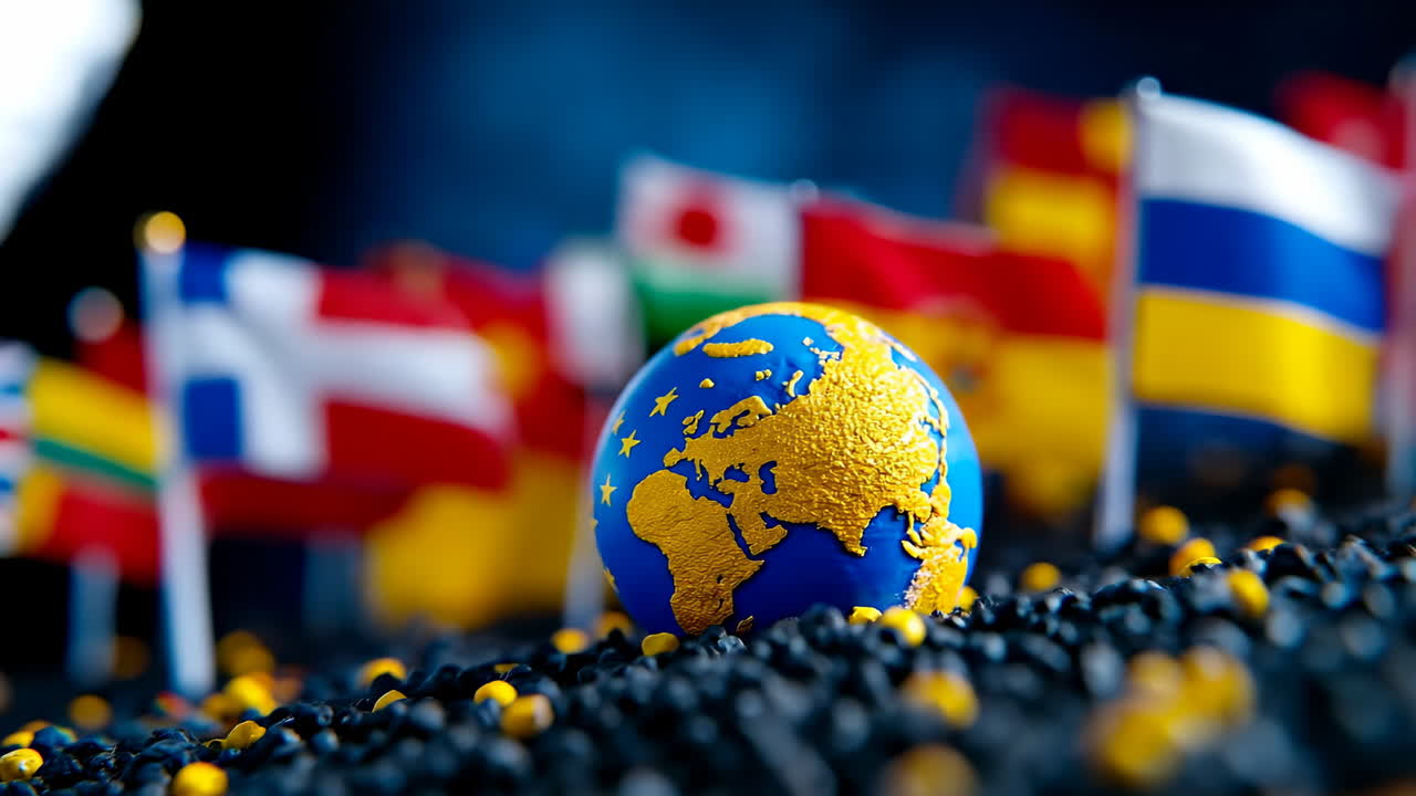 Globe with flags around it. A bright globe on a dark surface with yellow accents, surrounded by colorful flags of various nations