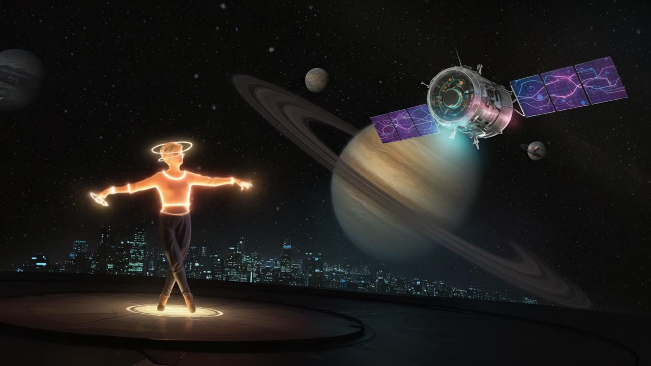 A Futuristic Dance Performance in Space: An Enigmatic Performer Engages with a High-Tech Satellite Against a Cosmic Backdrop with Planetary Elements