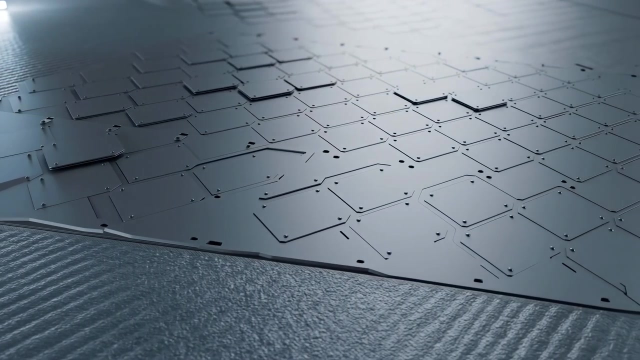 Close low-angle view of engineered metallic panel occupying lower-left foreground and extending to upper-right midground, showing repeating raised plates