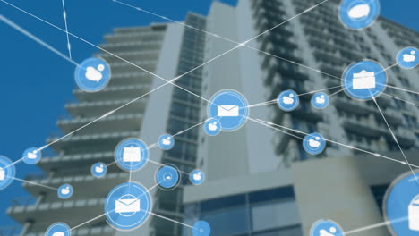 network of connections and data processing animation over high-rise buildings
