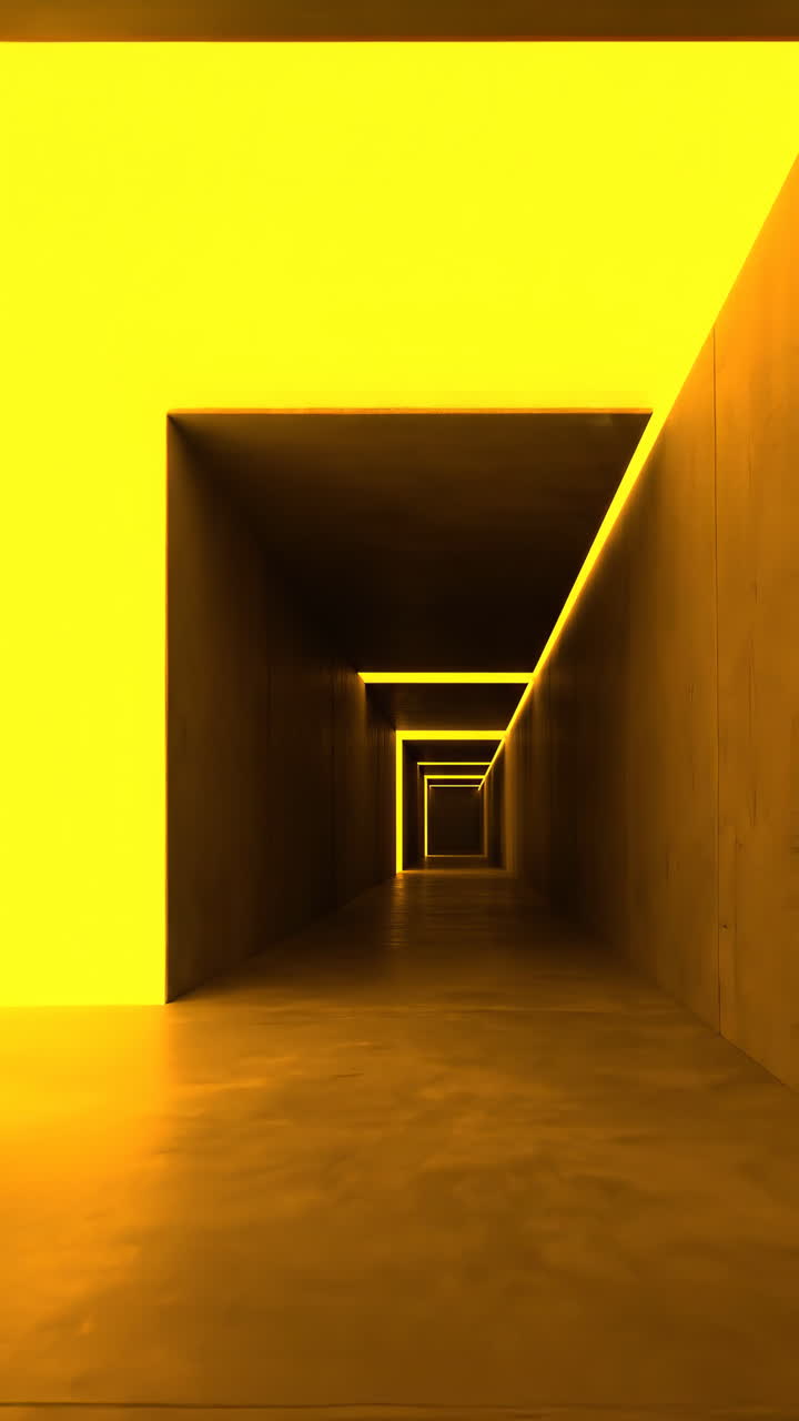 Túnel de corredor con neón amarillo brillante, con marcos de hormigón repetidos y perspectiva profunda. Galería cinematográfica.