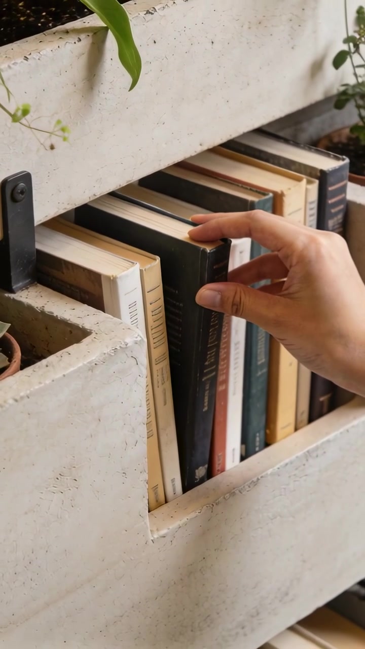Video verticale: Una mano destra che entra estrae un libro scuro da una fioriera di cemento a casa per ispezionarlo.