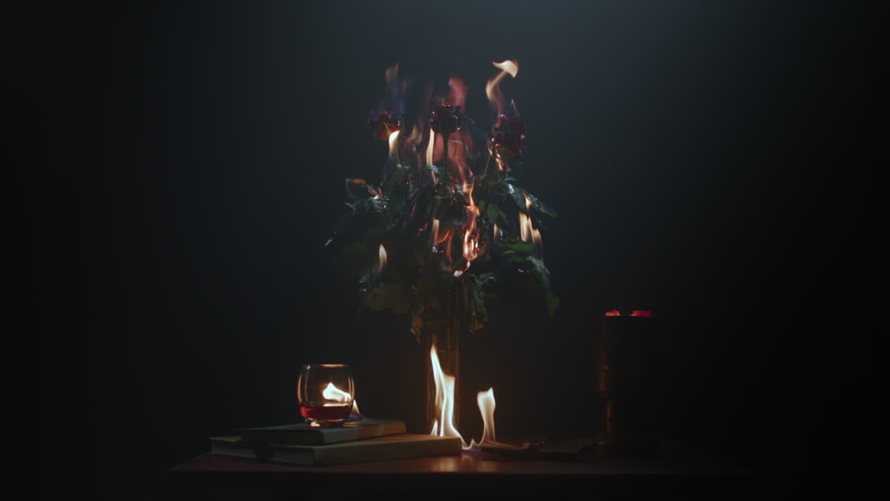 Roses burning in flames on the table