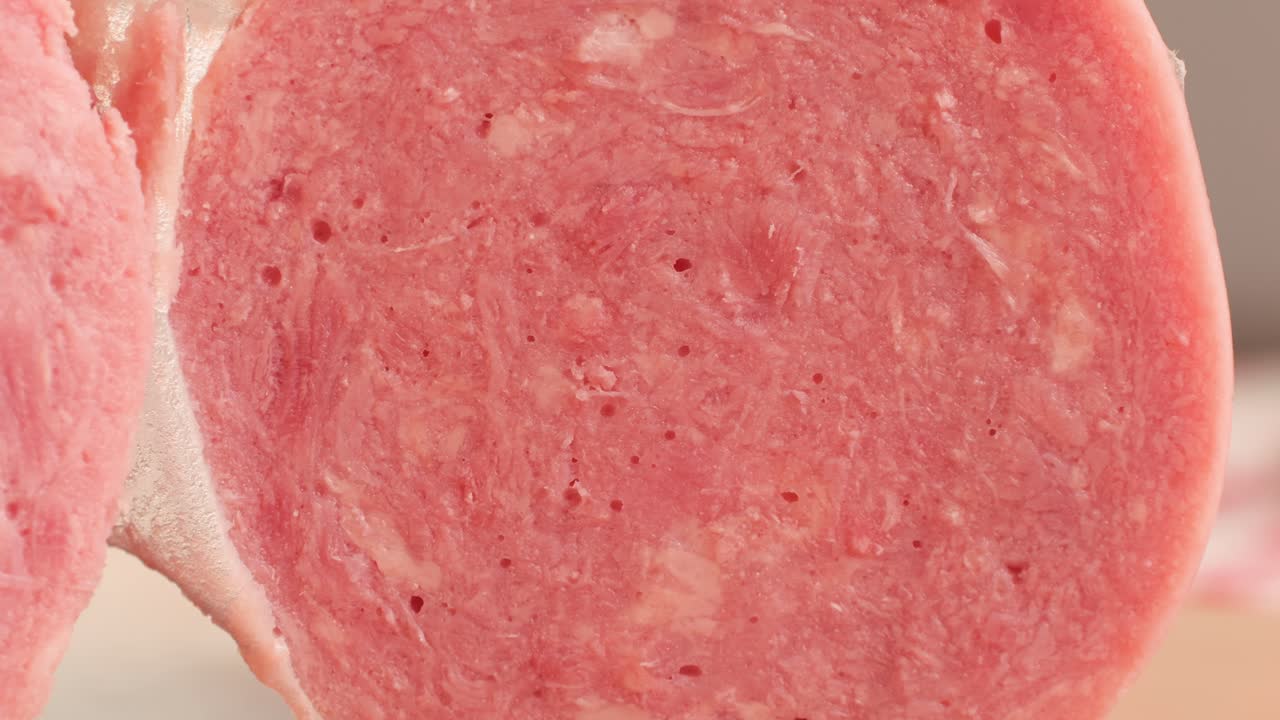 Ham italian mordatella, man Slices Of Traditional Italian antipasti mortadella sausage on a wooden cutting board, close up macro of chicken or turkey jamon, fat breakfast dish.