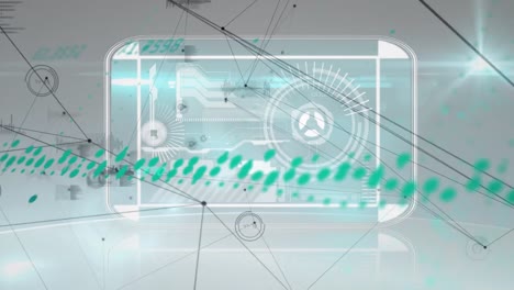 animation of data processing and scope scanning over network of connections on white background