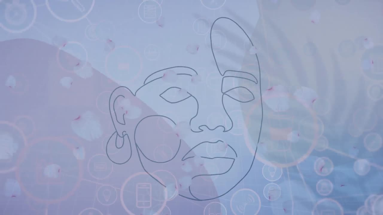 Animation of social media icons over illustration of woman's face