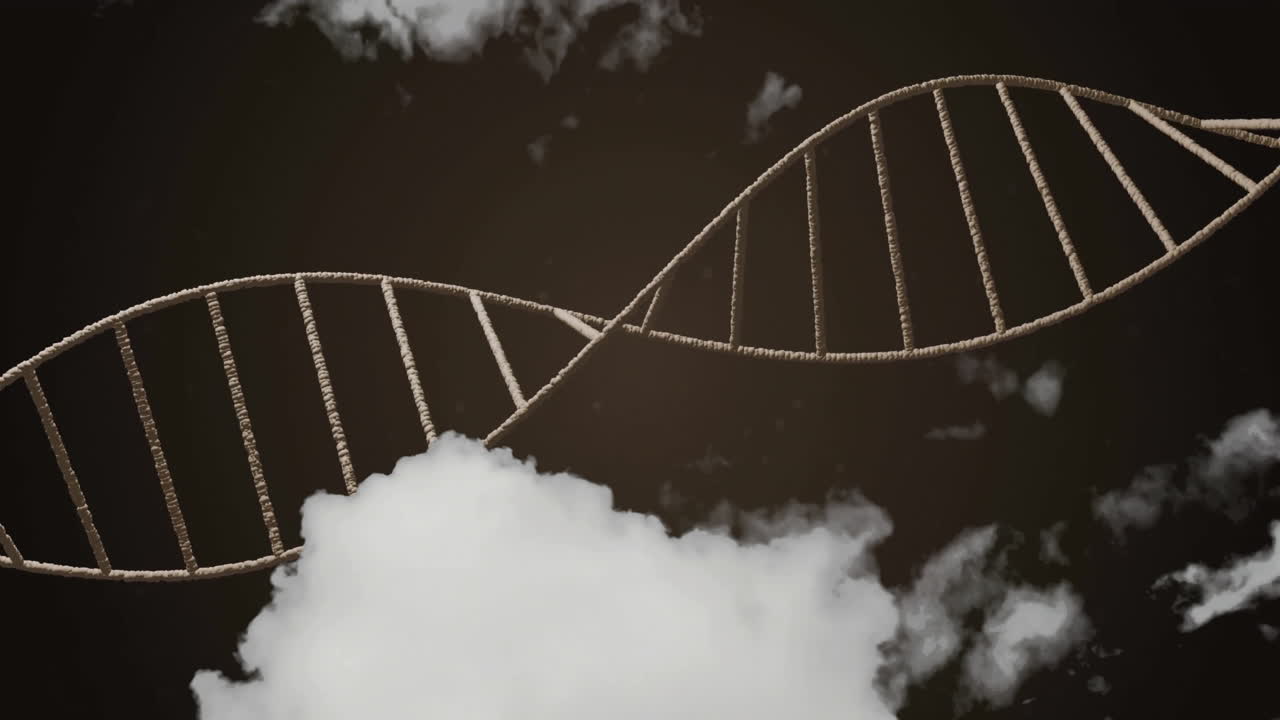 Animation of DNA strand floating over clouds in dark sky, creating mystical scene
