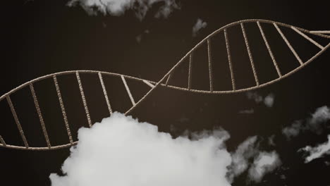 animation of dna strand floating over clouds in dark sky, creating mystical scene
