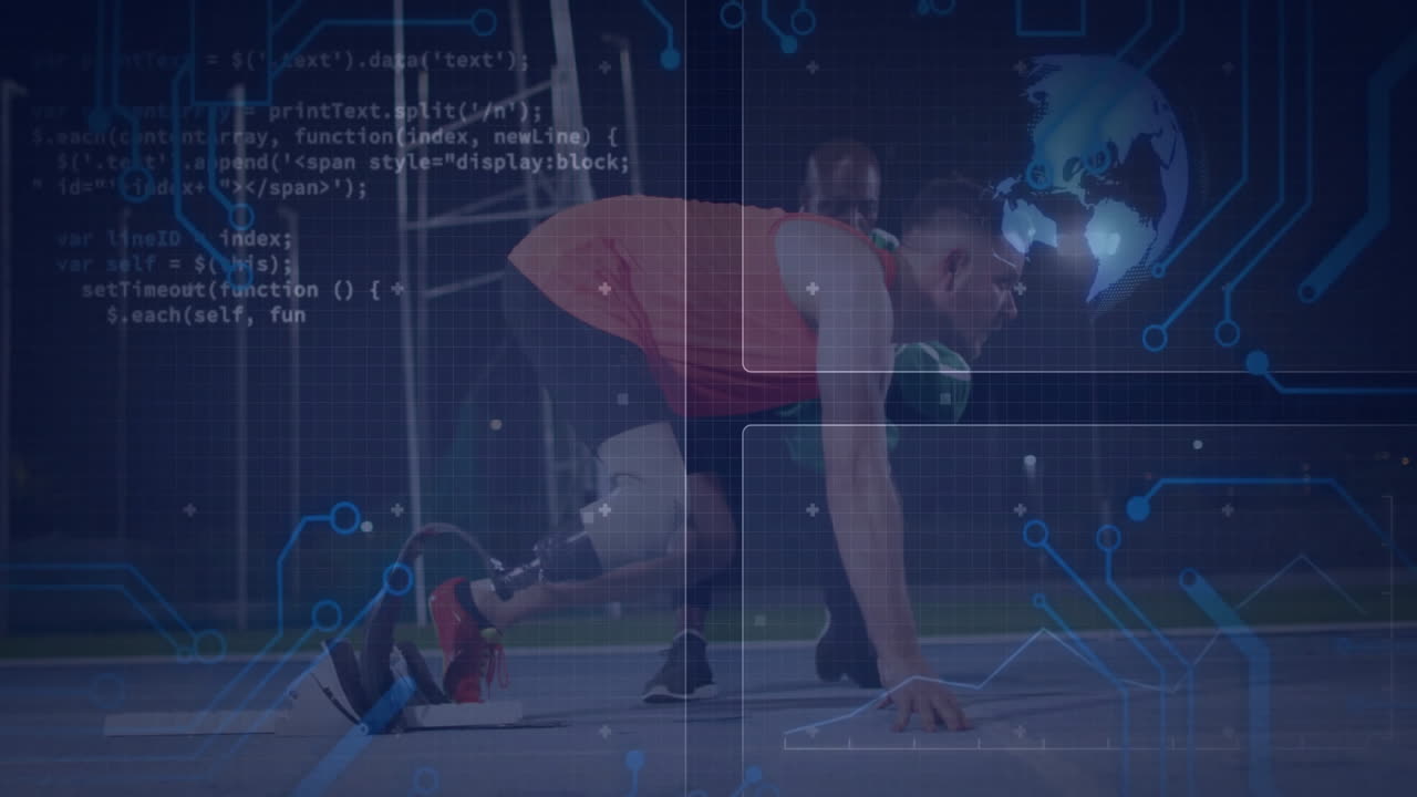 Two athletes crouching on track, highlighting prosthetic blade under digital sports analytics grids