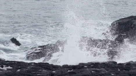 Waves breaking on rocky coastline with black beach of Iceland