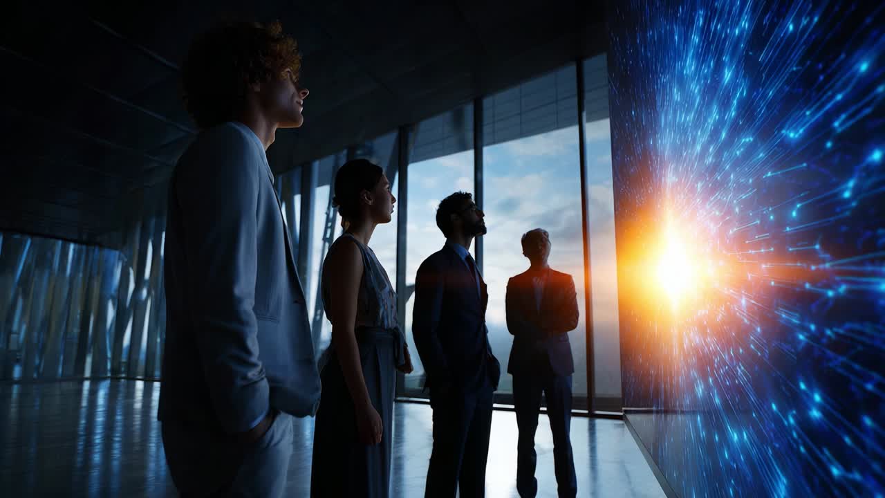 Group of individuals captivated by a stunning futuristic digital display, showcasing a vibrant network of blue lights and an orange burst, symbolizing innovation and technological advancements in a sleek modern space