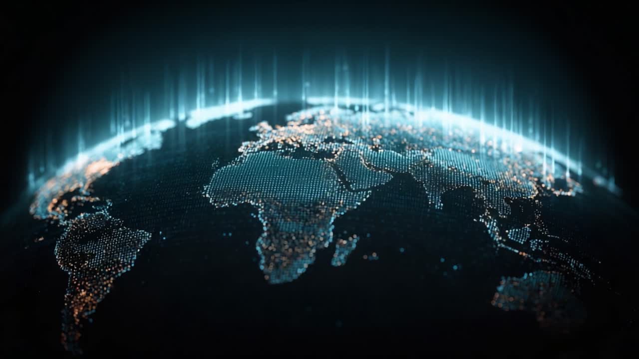 Visualizing the Digital World: A Stunning Transformation of Earth Through Data Representation with Pulsing Lights and Detailed Geographics