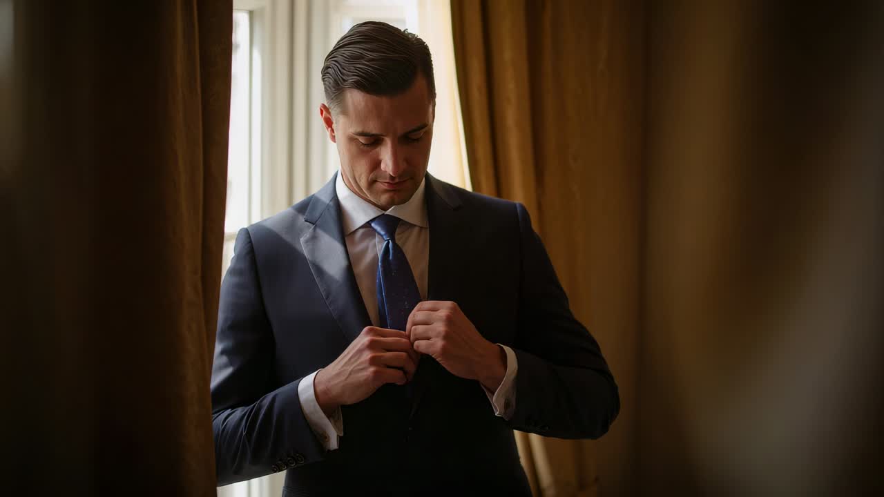 Buttoning man in navy suit fastening jacket front at hotel window, adjusting blue tie for meeting