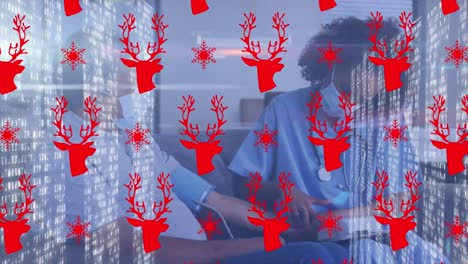 animation of reindeer heads and moving columns over african american doctor and patient