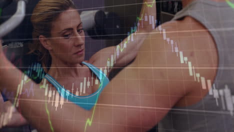 hacer ejercicio en el gimnasio, personas con superposición de animación de datos del mercado de valores