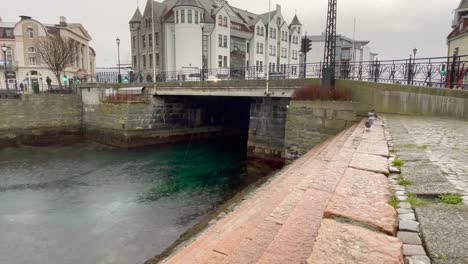 Pigeon-walking-along-the-edge-of-stairs-in-the-harbor-of-Alesund-in-Northern-Europe-on-a-rainy-day,-static-shot