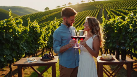 una pareja disfrutando de la degustación de vino en un viñedo al atardecer
