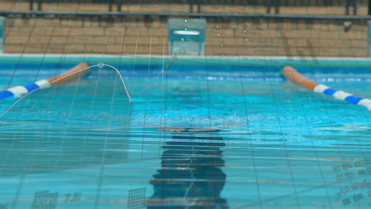 Processamento de dados financeiros sobre um nadador masculino nadando na piscina.