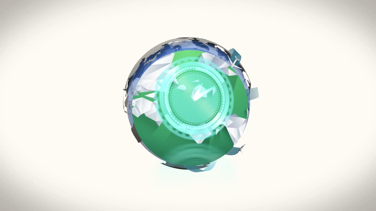 Animazione di globo, cerchio di elaborazione e aerei su sfondo bianco
