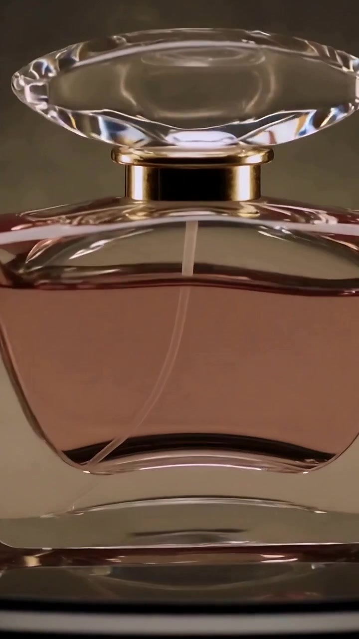 Video verticale: Piatto girevole che ruota, rivelando una bottiglia di profumo con tappo e liquido rosa per uno spot in studio.