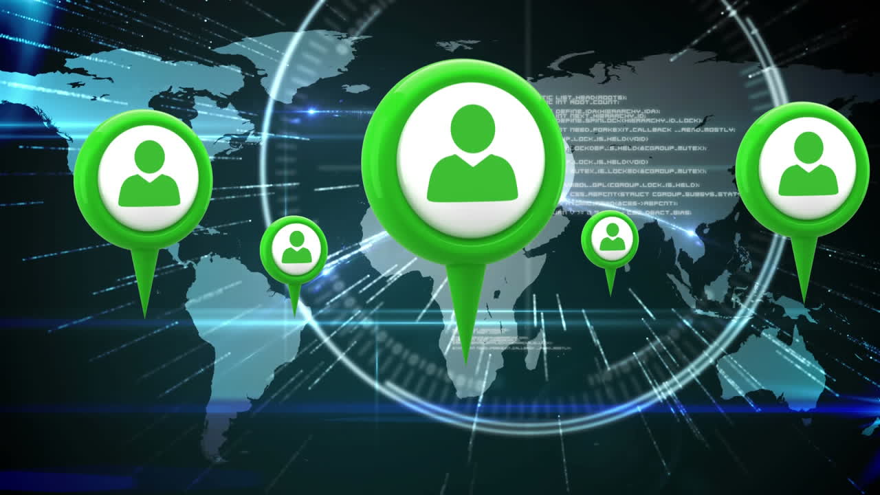 iconos de perfil y alfileres de mapa en un mapa del mundo