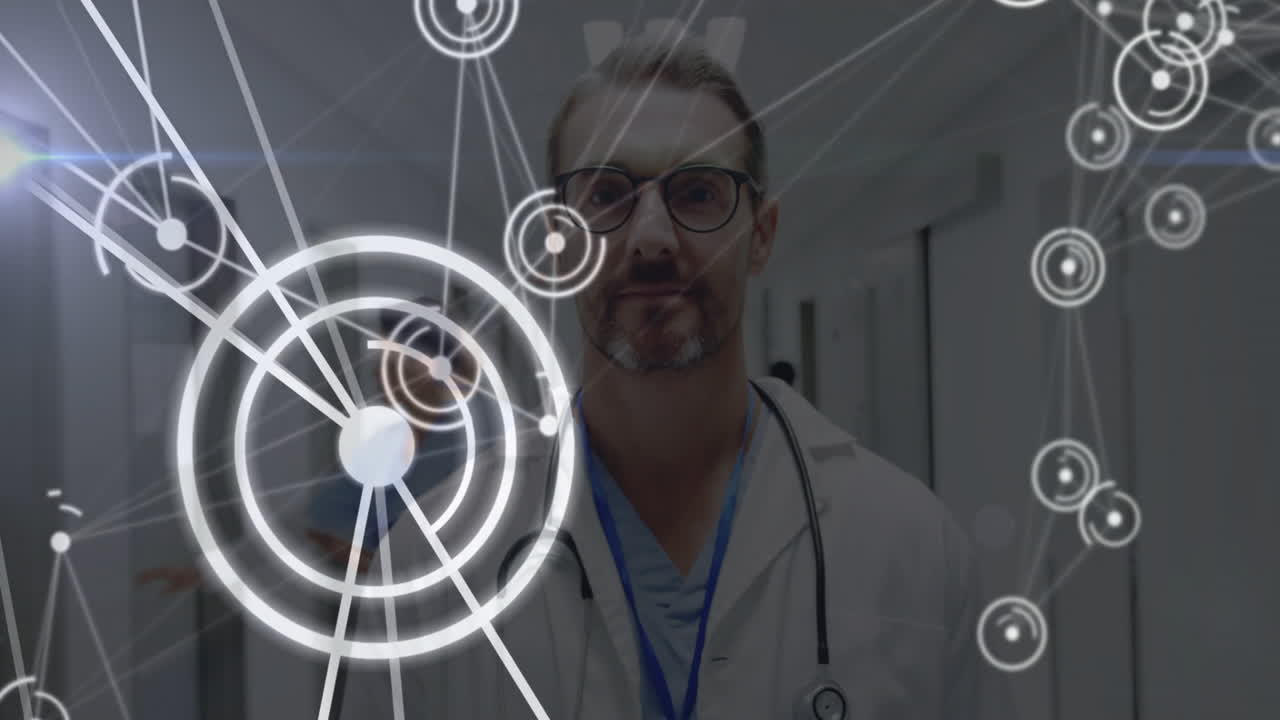 Doctor standing in hospital corridor, showing circular HUD nodes and connecting medical data lines