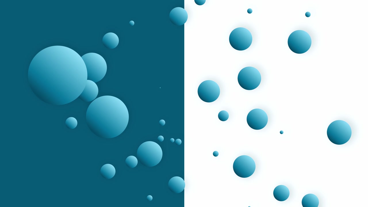 Animation of various size teal-colored spheres rotating clockwise over a dark teal and white background split in half