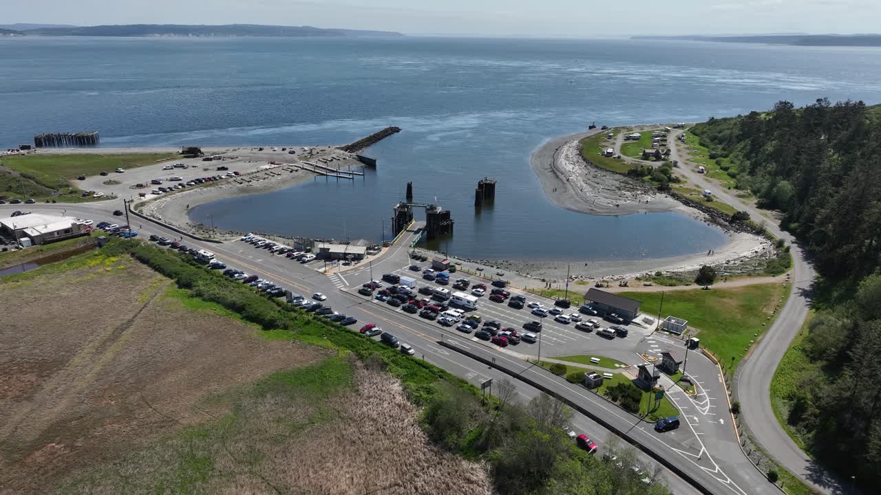 Aerial overview of the ferry line waiting to travel from Whidbey Island to Port Townsend.
