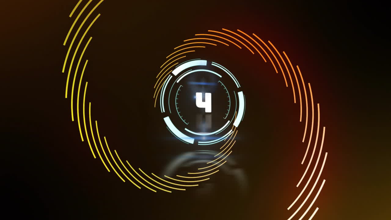 Spiral countdown animation with number five in futuristic digital style
