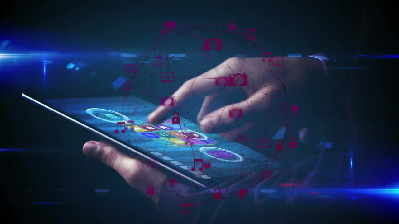 Interacting with tablet, hands exploring digital network animation in school setting