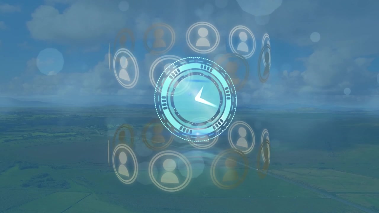 Animated Clock and Social Network Icons Over Green Rural Landscape
