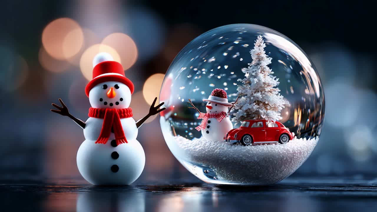 A Magical Winter Wonderland Encapsulated in a Snow Globe Featuring a Cheerful Snowman, a Charming Red Car, and a Festively Decorated Tree Amidst a Blissful Flurry of Snowflakes