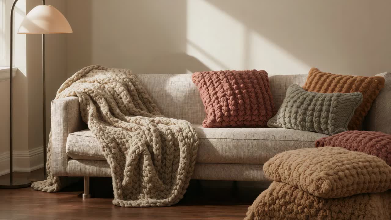 Luce solare che scivola e attraversa un divano beige a casa durante il movimento del sole, illuminando una coperta a maglia e 3 cuscini.