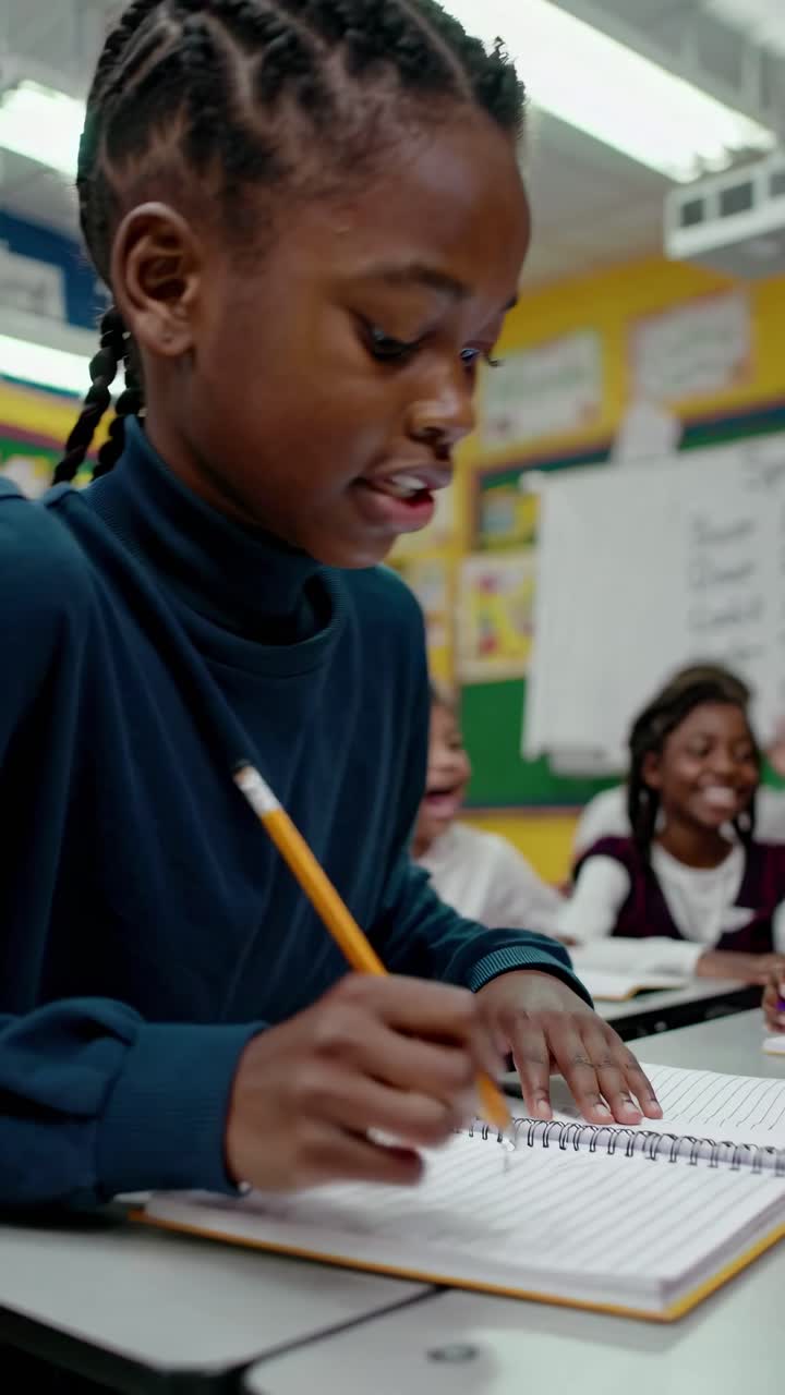 A focused child writing in a classroom, captured from a side angle