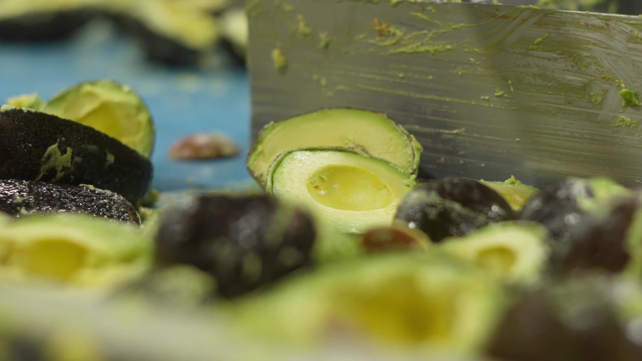 Metà di avocado che si muovono su un nastro trasportatore durante la lavorazione alimentare in uno stabilimento industriale.