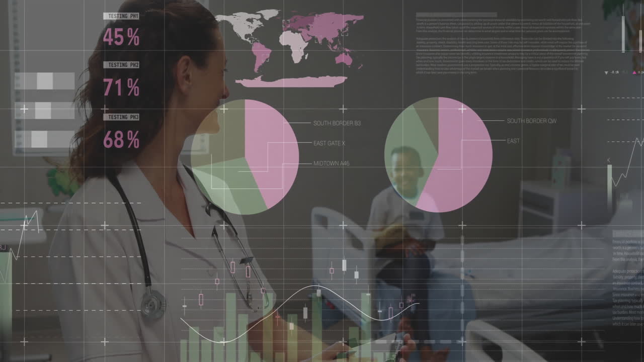 Doctor consulting patient in hospital, wearing stethoscope and viewing animated pie chart bar graph