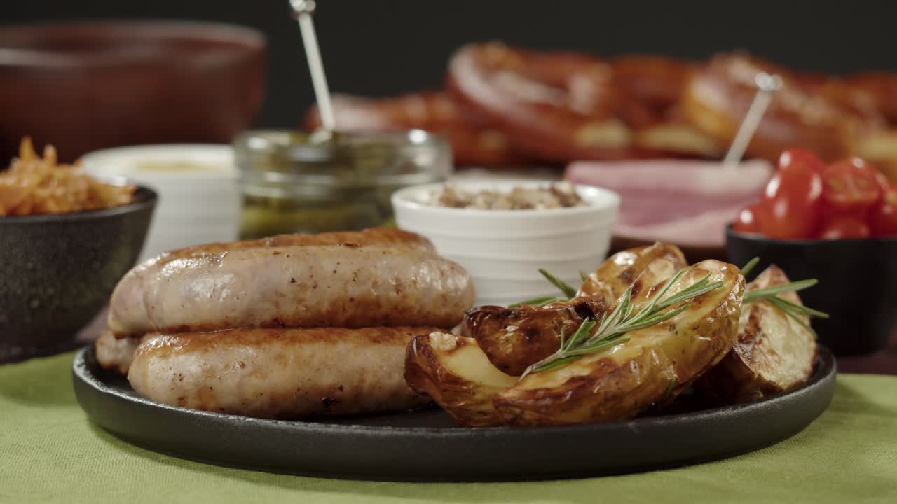 Sirviendo salchichas a la parrilla y patatas asadas con condimento