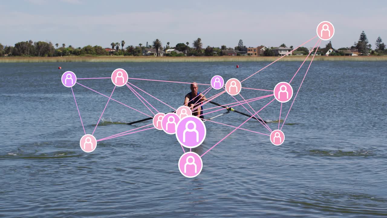 Senior rower starting with oar pull, rowing on lake, pink network shifting around boat for sports