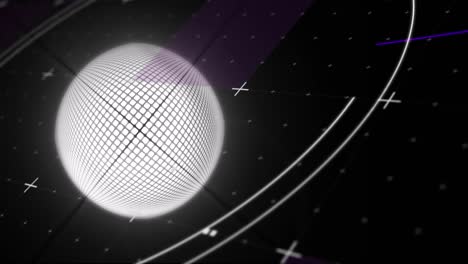 animation of white rotating globe and circular scanner processing data on black background