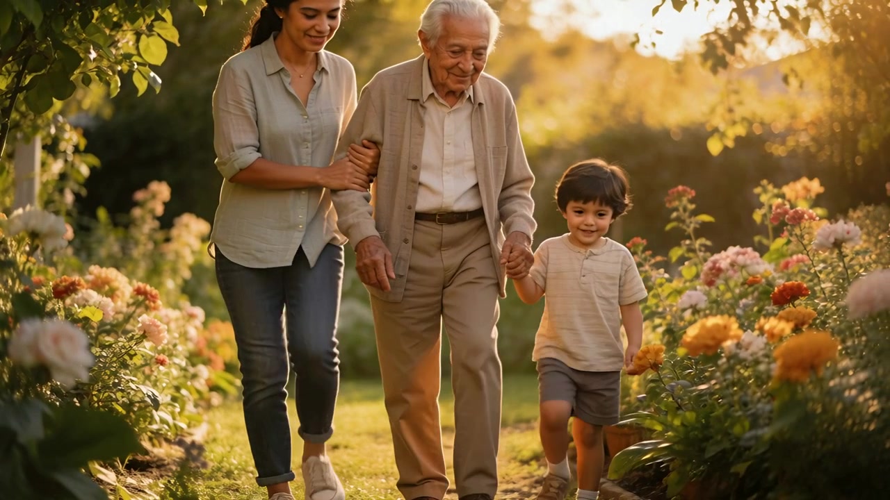 Familie i tre generationer går ned ad havestien og støtter en ældre mand, mens sollyset indbyder dem.