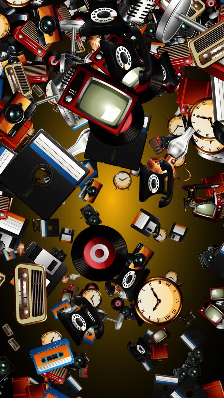 Retro electronics and vintage household items fall continuously against a glowing golden background gradient