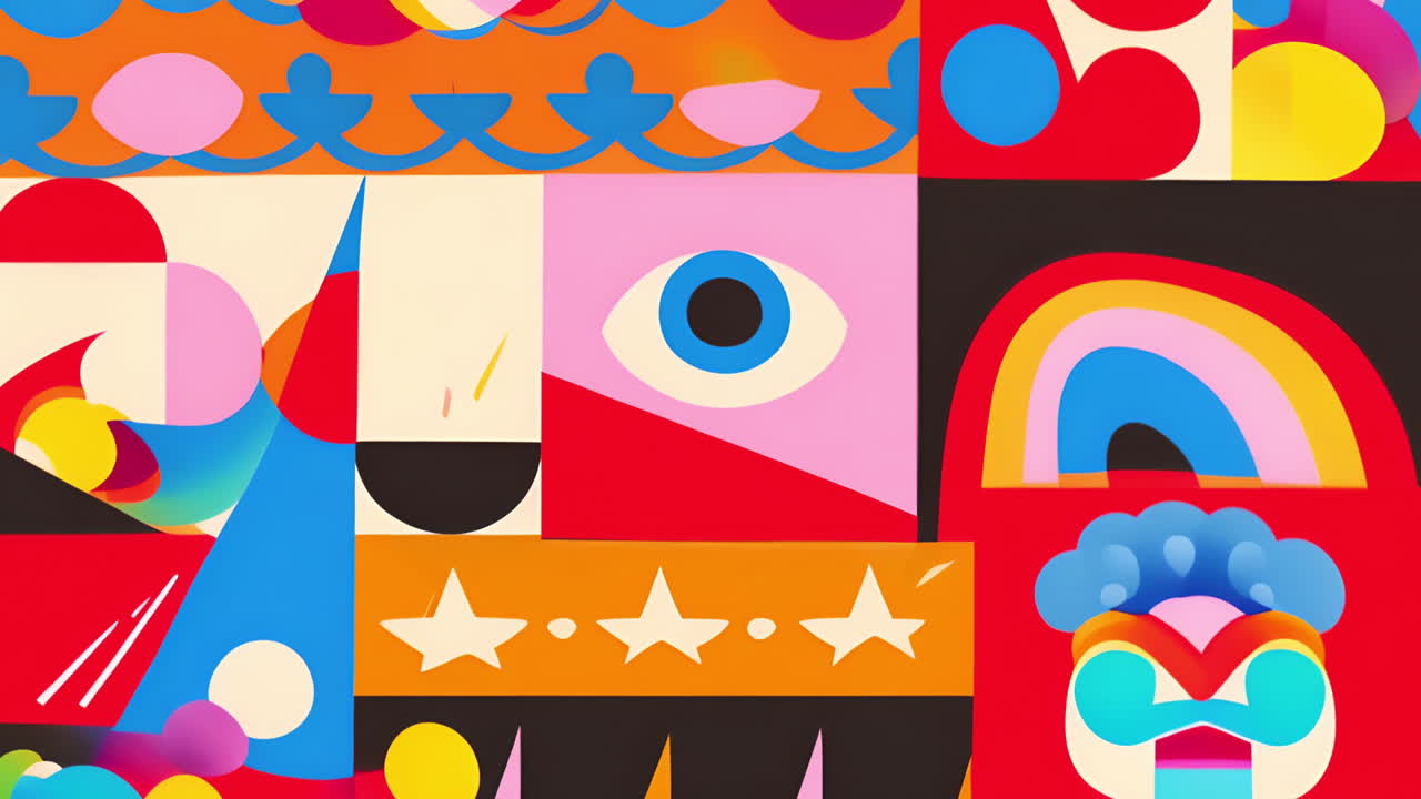 Colorful geometric shapes and patterns animation with eye and rainbow elements